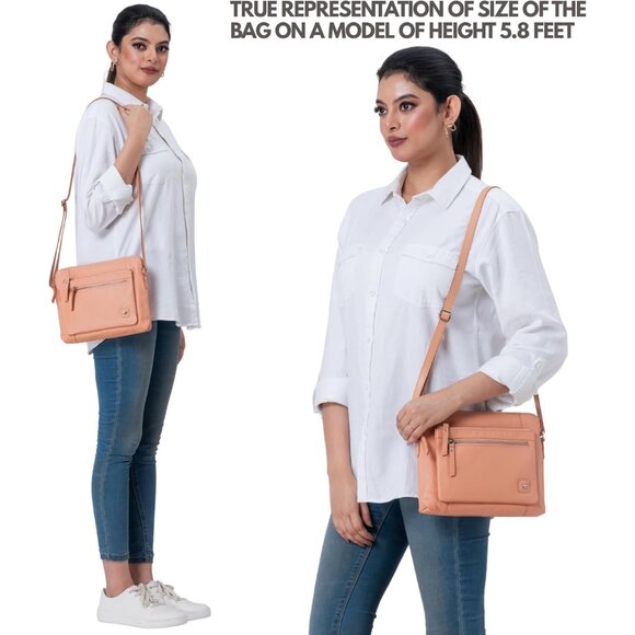Women Peach Imported Leather Polyester Crossbody Sling Shoulder Crossover Bag - Picture 2 of 6